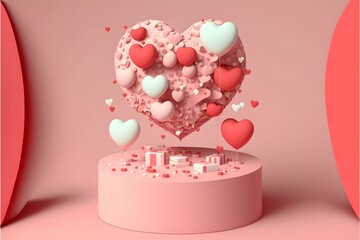 valentines day podium decoration with heart shape balloon gift box confetti 3D rendering illustration 