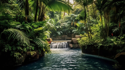 A cascading waterfall plunges into a crystal-clear pool below, surrounded by lush greenery and misty air, creating a scene of awe-inspiring natural beauty Generative AI