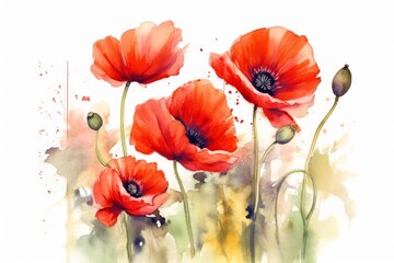 Scarlet Poppies watercolor illustration. AI generated