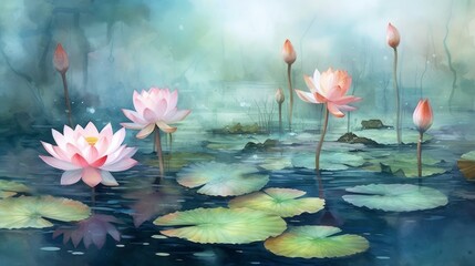 Serene Lotus Flowers Emerging from the Water watercolor. AI generated