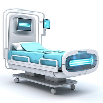 futuristic hospital bed 3D render over white, generative ai