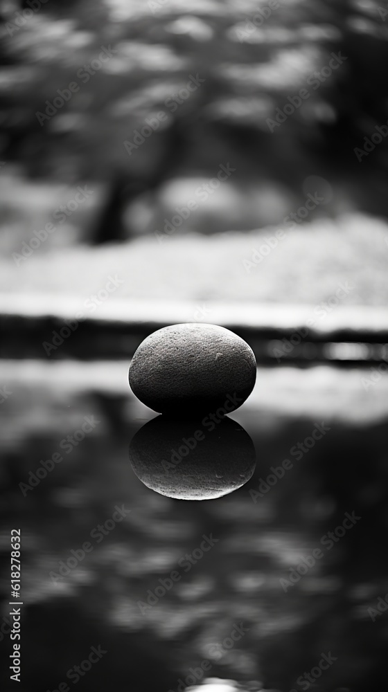 Poster a black and white photo of a rock on the water's edge with a reflection of trees in the water and a 