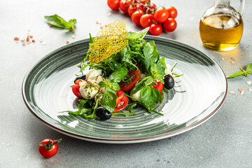 fresh diet salad with cherry tomatoes, mozzarella cheese, Food recipe background. Close up
