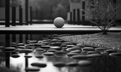  a black and white photo of rocks and a ball on the ground next to a pool of water with a tree in the background in the foreground.  generative ai