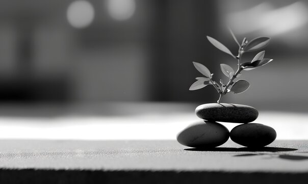  a black and white photo of rocks and a small plant on top of them, with a blurry background of the room in the background.  generative ai