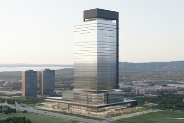 Obraz premium A photograph of a modern skyscraper at sunset, showcasing its sleek design and intricate details in