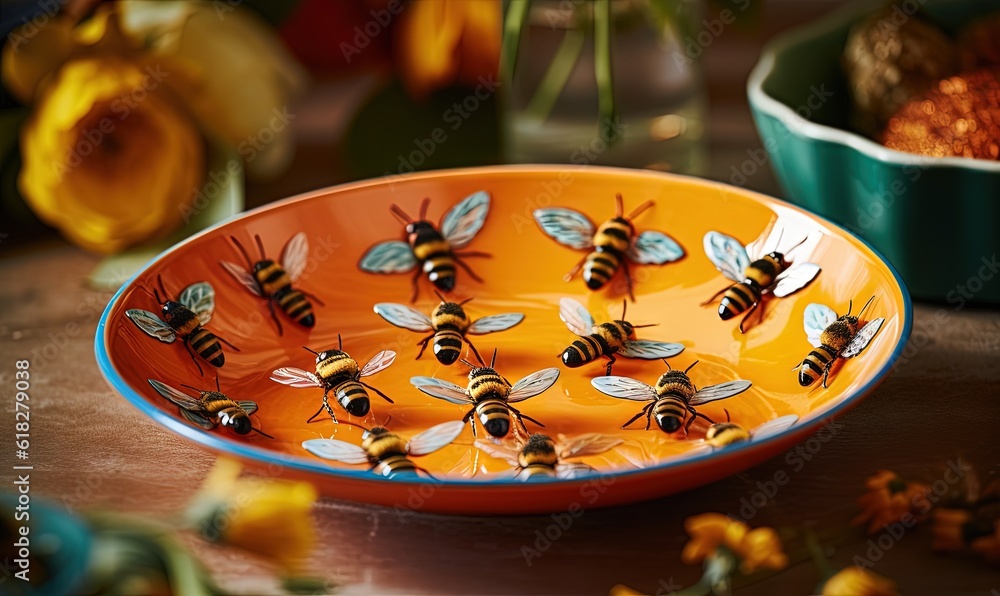 Poster a plate with a bunch of bees sitting on top of it next to a bowl with flowers in the background and 