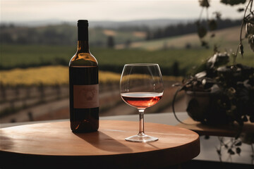 wine bottle and wine glass on wodden table. AI generated content