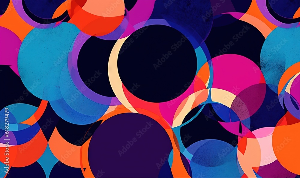 Aufkleber an abstract painting of circles and circles of different colors on a black background with a blue ce