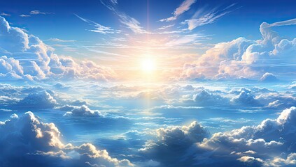 Obraz premium Anime sky clouds with bright sun rays and beautiful blue sky. 