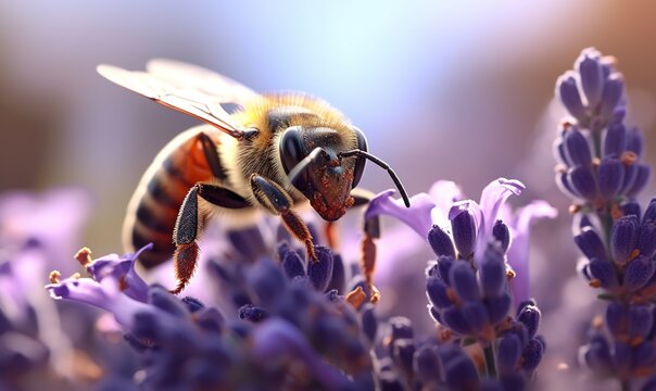  a bee sitting on a purple flower with a blurry back ground in the background of the image is a blurry background and the bee is looking at the camera.  generative ai