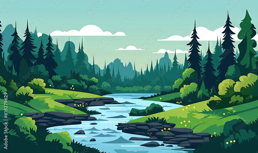 Poster a river running through a forest filled with lots of green grass and trees on the side of a riverban