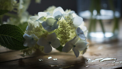 Obraz na płótnie Canvas Fresh hydrangea blossom on wooden table centerpiece generated by AI