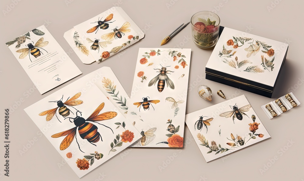 Poster a table topped with cards and a vase filled with flowers next to a jar of honeybees and a pair of cu