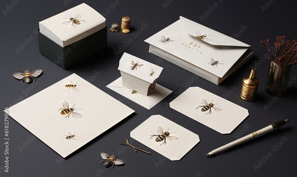Poster a bunch of bees are on a table next to some cards and a pen and a vase with flowers and a vase with 