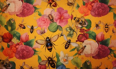  a bunch of bees and flowers on a yellow background with pink and red flowers and green leaves on the bottom of the bees, and yellow background with pink and red flowers on the bottom.  generative ai