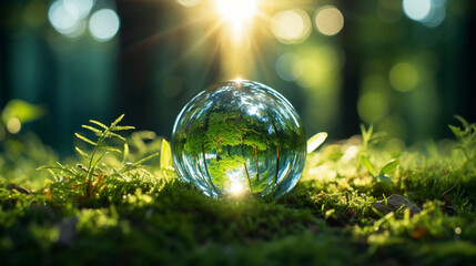 Earth sphere made of glass resting on a bed of lush green grass, illuminated by the radiant rays of the sun. Conceptual representation of the environment. Generative AI