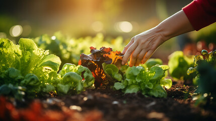 Fototapeta premium woman's hand selecting vegetables from a garden in a close-up shot Generative AI