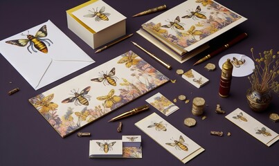  a collection of cards, envelopes, pens, and other items on a purple surface with a bee on it and a vase with flowers.  generative ai