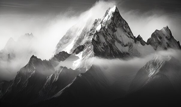  a black and white photo of a mountain range covered in fog and clouds with a black and white photo of the top of the mountain in the foreground.  generative ai