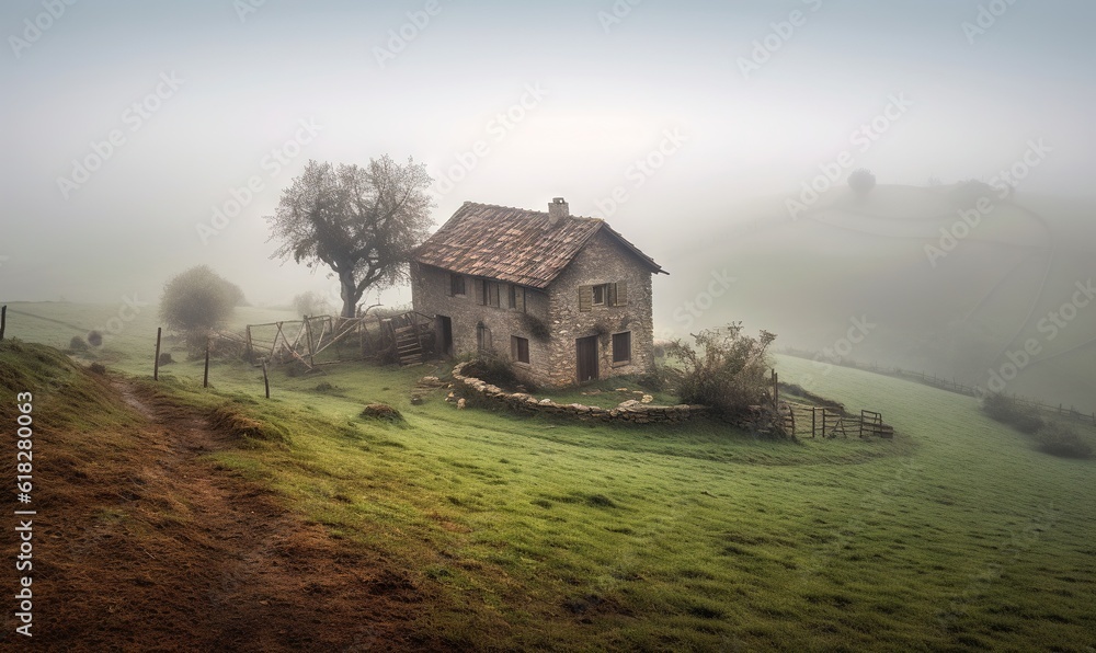 Poster  a house on a hill with a fence and trees in the background in a foggy day with a few mists on the ground.  generative ai