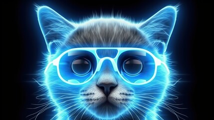 Obraz premium Cool cat in headphones and sunglasses listens to music. Close portrait of furry kitty in fashion style. Generative AI illustration. Printable design for t-shirts, mugs, cases, etc.