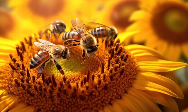  a close up of a bee on a sunflower with other bees in the background and in the foreground of the image, a bee on a yellow sunflower.  generative ai