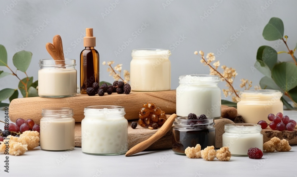 Poster a table topped with jars filled with different types of food and a wooden spoon next to it on top of
