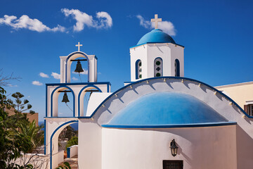 Saint Anthony Church - Blue Dome and Bell Tower - Pyrgos Village, Santorini Island, Greece