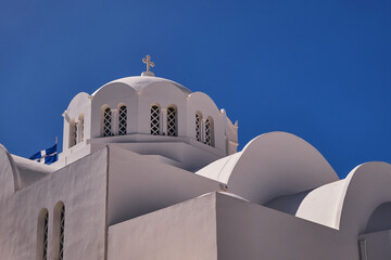 The Annunciation of the Virgin Mary Church - White Dome and Bell Tower - Emporio Village, Santorini...