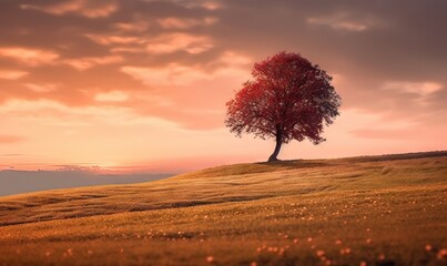  a lone tree on a hill with a sunset in the background of the picture and clouds in the sky over the horizon.  generative ai