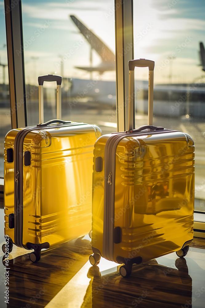 Poster two yellow suitcases sitting next to each other in front of a window. generative ai.