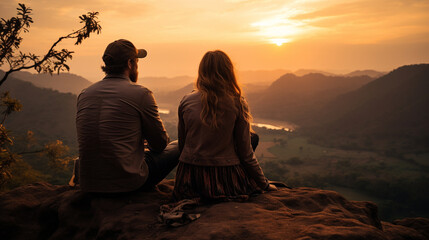 A blissful pair of adventurous partners enjoying a tranquil sunrise amidst majestic mountains while savoring their steaming cups of coffee. Generative AI
