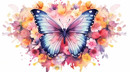Zelfklevend Fotobehang Grunge vlinders Watercolor beautiful butterfly surrounded by flowers. AI generated