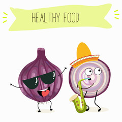 Illustration with funny cartoon characters purple onion, cut onion, bulb, half onion, Madeiran onion   Funny and healthy food. Vitamins, cute face food, ingredients, vegetarian, vector cartoon.