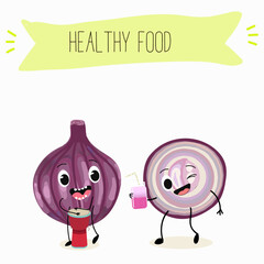 Illustration with funny cartoon characters purple onion, cut onion, bulb, half onion, Madeiran onion   Funny and healthy food. Vitamins, cute face food, ingredients, vegetarian, vector cartoon.