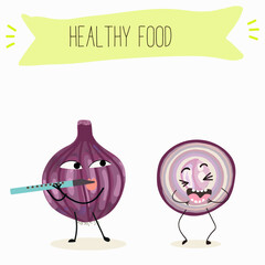 Illustration with funny cartoon characters purple onion, cut onion, bulb, half onion, Madeiran onion   Funny and healthy food. Vitamins, cute face food, ingredients, vegetarian, vector cartoon.