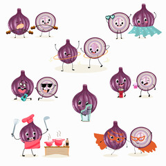 Illustration vector set, collection with funny  fresh
purple onion, cut onion, bulb, half onion, madeira onion characters doing sports, playing musical instruments. Vector cartoon, agriculture, raw.