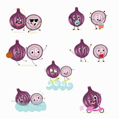 Illustration vector set, collection with funny  fresh
purple onion, cut onion, bulb, half onion, madeira onion characters doing sports, playing musical instruments. Vector cartoon, agriculture, raw.