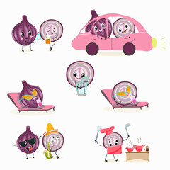 Illustration vector set, collection with funny  fresh
purple onion, cut onion, bulb, half onion, madeira onion characters doing sports, playing musical instruments. Vector cartoon, agriculture, raw.