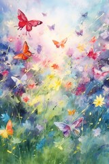 Fototapeta na wymiar Watercolor beautiful garden with butterflies flutter. AI generated
