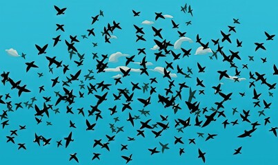  a flock of birds flying through a blue sky with white clouds in the background and a flock of black birds in the foreground, all flying in the same direction.  generative ai