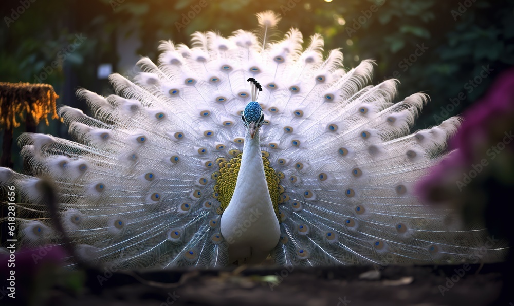 Poster a white peacock with a blue tail and tail feathers spread out and it's tail is spread open and it's 
