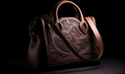  a brown leather bag with a floral design on the inside of it, sitting on a black surface, with a black back ground and a black background.  generative ai
