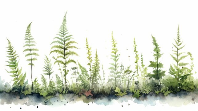 Watercolor calming collection of ferns and moss. AI generated