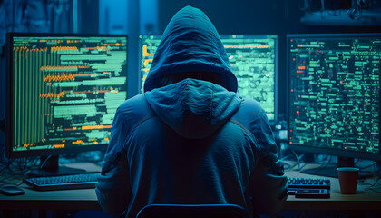 Back view hacker in hoodie working in dark neet, crypto theme neon color. Generation AI
