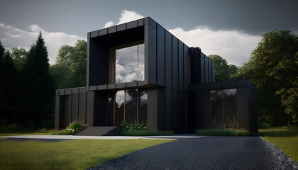 Fototapeta na wymiar Modern dark Minimalist design house for living with big panorama windows in forest. Generation AI