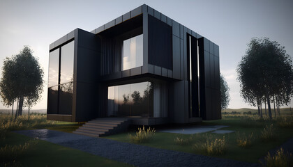 Fototapeta na wymiar Modern dark Minimalist design house for living with big panorama windows in forest. Generation AI