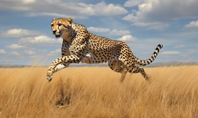  a cheetah running through a field of tall grass.  generative ai