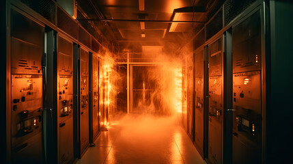 Server room Burning. Data center and supercomputer technology burn with fire. Generation AI